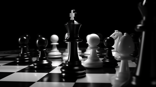 Black king standing tall among white pieces on high-contrast board.